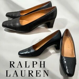 LAUREN RALPH LAUREN Black Leather Heels Pumps Shoes Croc Cap Toe Womens 7.5 AA